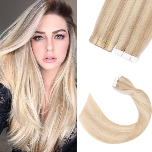 Silk-co Extension Capelli Veri Biadesivo 20 PCS 40cm 30g 18P613 Biondo Cenere & Biondo Sbiancante Extension Biadesive Capelli Veri Lisci Tape Extension Capelli Veri Invisibili