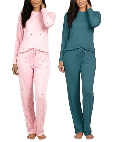 Real Essentials 2 Pack: Women's Comfy Pajama Sets - Short & Long Sleeve Ladies Loungewear Sleepwear PJs (Available In Plus)(Set F Green & Pink, X-Large)