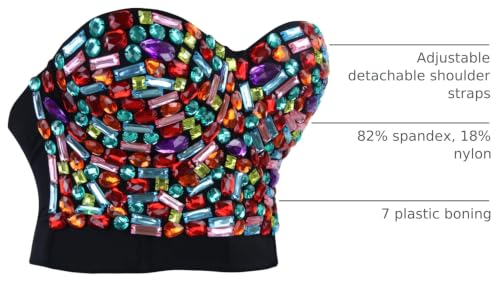 Image of Charmian Women's Colorful Rhinestone Push Up Bra Clubwear Bustier Crop Top | Underwire Padded Bra, Detachable Shoulder Straps, Plastic Boned