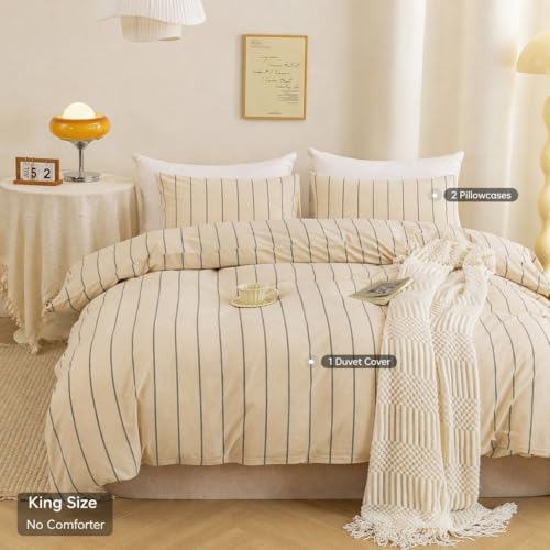 Image of ECOCOTT Striped Duvet Cover King Size, 100% Washed Cotton Linen Feel Comforter Cover, 3PCS Vertical Stripe Bedding Set with Zipper Closure & Corner Ties