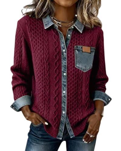 Women's Knitted Spliced Denim Shirt, Autumn and Winter Fashion Retro Cardigan...