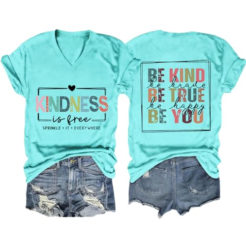 Be Kind Shirt for Women,Kindness is Free Letter Graphic T-Shirt Inspirational Saying Tees Casual Short Sleeve Tops Water Blue