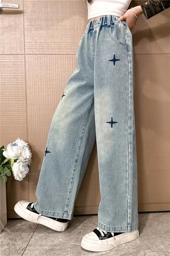 Trendy Girls Jeans Baggy Jeans for Girls 10-12 Wide Leg Denim Pants with Embroidered Elastic Waistband Trousers2