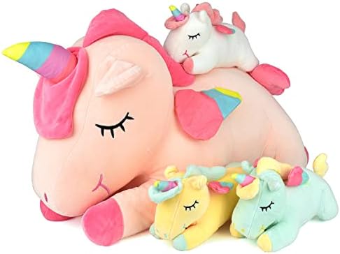 JUST AMAZING DEALS Unicorn Stuffed Animals Set of Four (4) Plushies, 35 inch and 12 inch, Big Cuddly Soft Cute Pink White Alicorn Birthday Gifts Pillows Toys for Girls