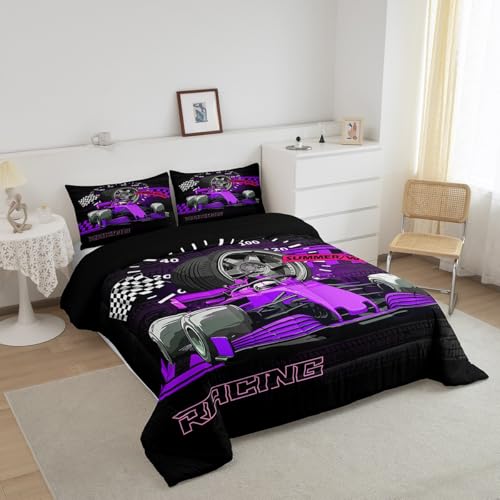 Image of Feelyou Kids Purple Racing Car Duvet Insert Queen Size, Extreme Sports Comforter Set Boys Girls Karting Road Bedding Set Teens Bedroom Decor Bed Set 3Pcs