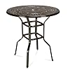 MEETWARM Patio Height Bar Table 385 Bar Height Bistro Table Outdoor Cast Aluminum Bistro Round High Top Dining Table with 2 Umbrella Hole for Garden Deck Backyard Dark Bronze
