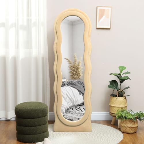 HOMCOM Espejo de Cuerpo Entero 160x50 cm Espejo de Pie o de Pared Diseño Ondulado Marco con Tela de Terciopelo para Salón Dormitorio Beige - imagen 6