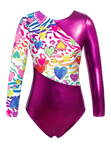 Yhong Maillot de gimnasia infantil para niña, manga larga, maillot de leotardo entrenamiento, ropa de danza, ropa de danza, color rojo rosa K 146-152
