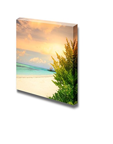 Canvas Prints Wall Art - Over Water Bungalows with Steps into Amazing Green Lagoon on Sunset - 12" x 12"