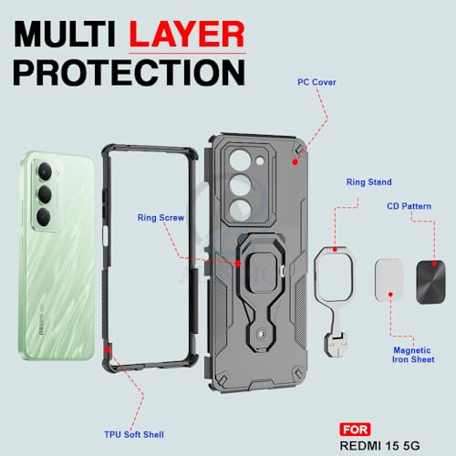 Image of AESTMO Armor Back Cover for Redmi 15 5G | Ring Holder & Kickstand & Camera Protection in-Built | 360 Degree Protection Back Case Cover (Black)