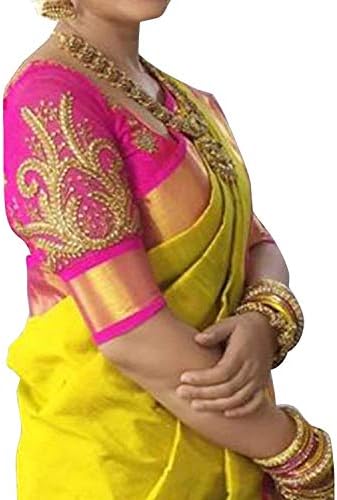 Esomic Women's Cotton Silk Saree with Blouse (ESO-Pink work khg_Yellow)