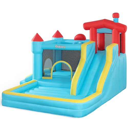 Outfunny Bounce House with Slide, Inflatable Bouncy House for Kids 3-12, Outdoor & Indoor, 450W Blower, Blue