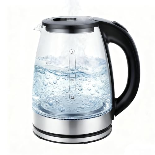 ZHODADA Glass Electric Kettle, 1500 Watt 1.8L Multi-Use Water Kettle with Blue LED, Heat- Resistant Glass, BPA- Free,Stainless Steel Base & Overheating Protection,Fast and Quiet Boil,UK Plug Black