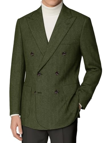 Image of Herringbone Suit Blazer for Men Tweed Sport Coat Slim Fit Jacket Green Vintage Double Breasted Business Prom Wool Blend M