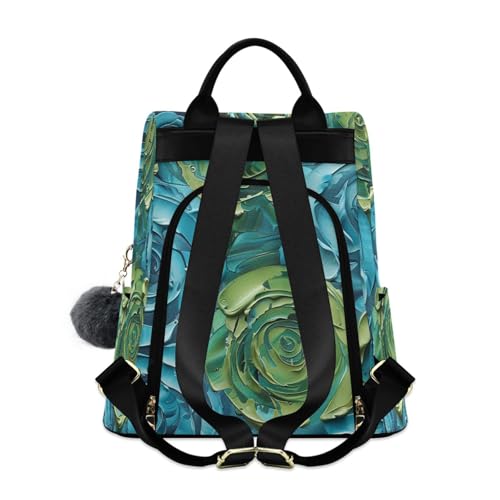 KLL Stereo Roses Blue-green 3d Stereoscopic Style Fashion carry on backpack casual backpack for women travel for Daily College Shopping with Pom-pom keychain2