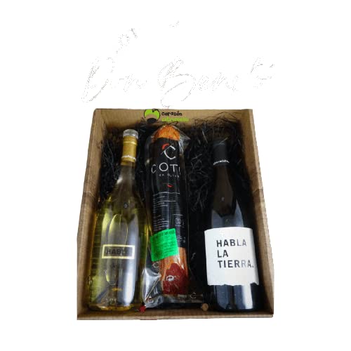 Cesta de Regalo para Empresas Gourmet con Vino Blanco Habla de Ti, Caña de Lomo Ibérico, Vino Tinto Habla de la Tierra – Corazón Extremeño