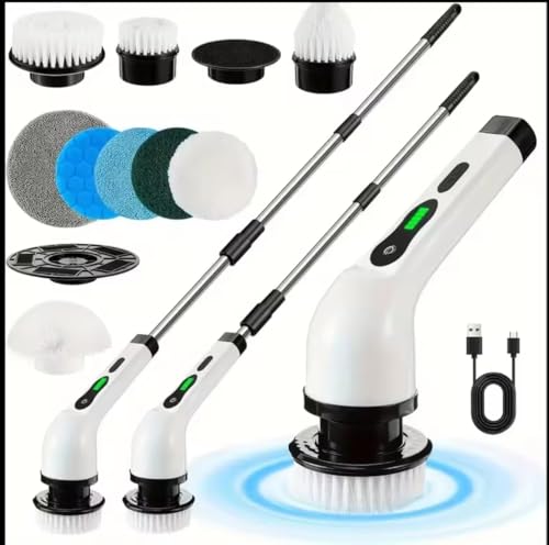 V.E.E Electric Spin Scrubber, Cleaning Brush Scrubber for Home, 400RPM/Mins-9 Replaceable Brush Heads-90Mins Work Time, 3 Adjustable Size, Multiple Speeds for Bathroom Shower Bathtub Glass and Car