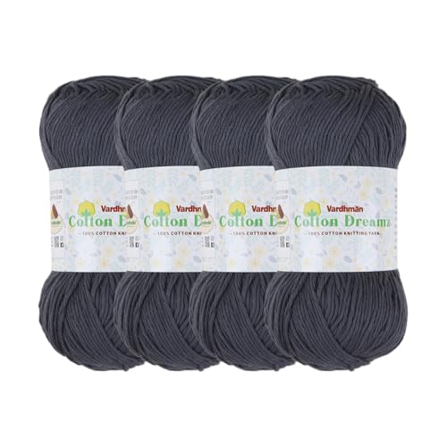 Image of Vardhman 100% Cotton Dreamz Light Weight Natural Thin Yarn | Pack-4 100g | Knitting & Crochet Projects | Soft Natural Yarn | Ideal for Garments, Summer Wear & Accessories |Jet Black, CJH006 P4