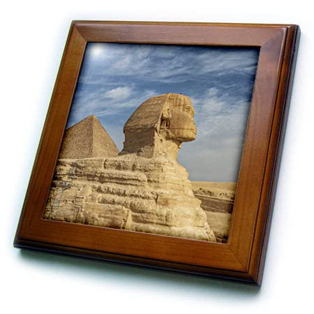 3dRose 8x8 Framed Tile - Egypt, Cairo. Great Sphinx of Giza in front of Great Pyramid of Giza. Egypt