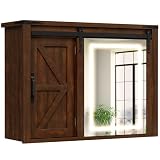 DWVO Farmhouse Medicine Cabinet Mirror with Lights, Bathroom Wall Cabinet w/Rustic Sliding Barn Door, Bathroom Storage Cabinet Organizer with Adjustable Shelf, Memory 3-Color Mode LED, 32' Brown Oak