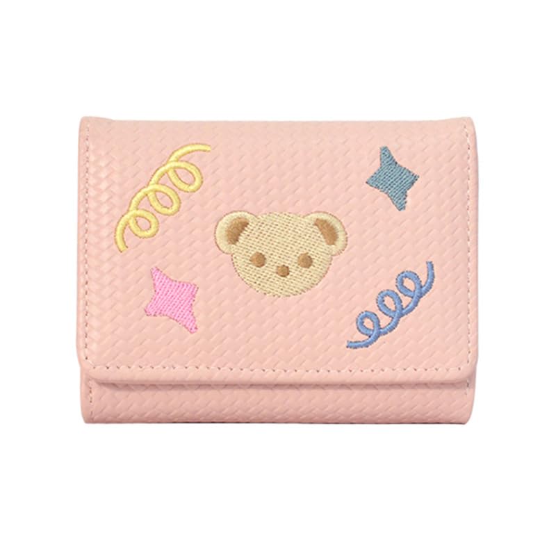 Cute Bear Star Embroidered Small Wallet for Women Girly Coin Bifold Wallet Card Holder Vintage Y2K Preppy Purse (Pink,Onesize)
