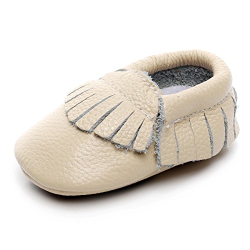 HONGTEYA Leather Baby Moccasins Hard Soled Tassel Crib Toddler Shoes for boys and girls (0-6 months/4.33inch, begie) - Thumbnail 2