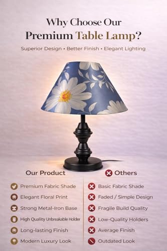 Image of tu casa Modern Table Lamp with Crimson Floral Satin Shade | Metal Iron Base Decorative lamp for Living Room| Study & Home Decor, Designer Table Lamp for Gifting (Ivory Daisy)