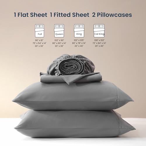 SLEEP ZONE Nanotex Super Soft Cooling King Bed Sheets Set 4 Piece - Easy Care Fitted Flat Sheet & Pillowcase Sets - Wrinkle Free, Fade Resistant, Deep Pocket 16" (Gull Gray, King)