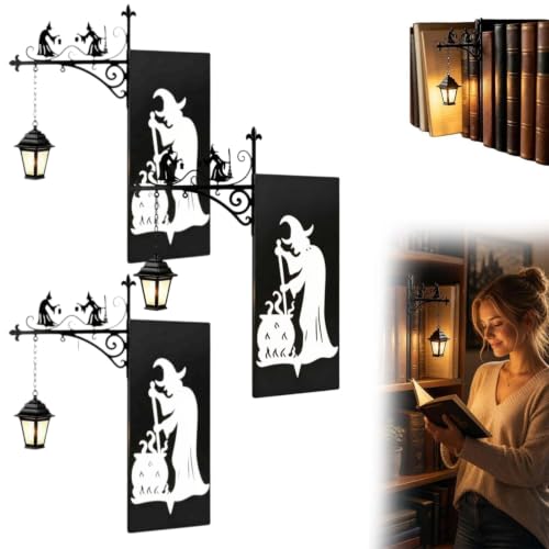 Library Lantern Mini Bookshelf Lamp, Bookend Hanging Warm Vintage LED Mini Lantern, Warm Amber Book Nook Light, Decor Gift for Book Lovers, Halloween Home Library Reading Corner Decor (3, Witch)