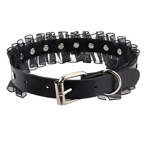 Damsil Punk Harajuku Lace Collar Hauling Chain Pu Leather Choker Metal Ring Gothic Necklace Neck Accessories Adjustable Buckle (16-Black) #TOP2