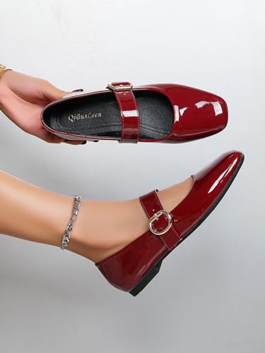 Women's Square Toe Mary Jane Flats Comfortable Leather Ballet Flats with Buckle Strap Dressy Low Wedge Mary Janes for Women Casual Dating Party Work Shoes2