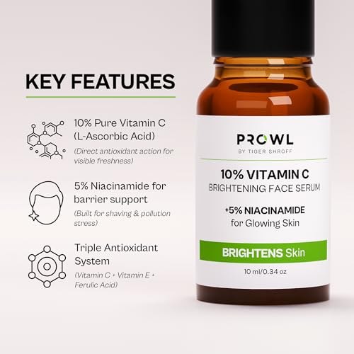 Image of PROWL by Tiger Shroff 10% Vitamin C Serum for Daily Glowing Skin | Reduces Dark Spots & Evens Skin Tone for Men | Face Brightening Serums for All Sensitive Dry Oily Combination Skin Care | 10ml