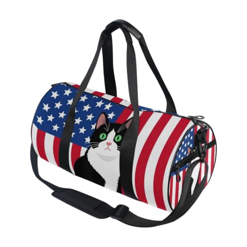 Bolsa deportiva con gato esmoquin para gimnasio y viajes con diseño patriótico