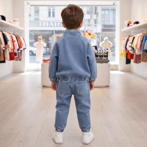 Image of Bold N Elegant Boys Denim Sweatshirt and Jogger Pants, Half-Zip Two-Piece Denim Coord Set for Infant Toddler Teedler Kids