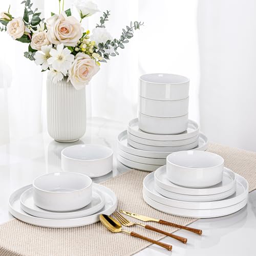 Image of GBHOME Dinnerware Set for 6, 18 Piece Speckled Plates and Bowls Set with Glazed Bottom, Chip & Scratch Resistant Stoneware Plates Sets, Dishwasher & Microwave Safe Dishes, White