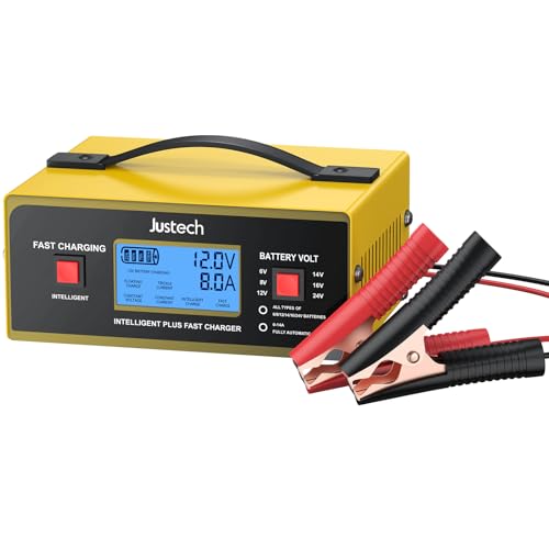 Justech Cargador de Baterias Coche y Moto 6/8/12/14/16/24V,0-10A,Cargador de Batería de Plomo-Ácido Inteligente con Pantalla LCD para AGM,Gel,SLA