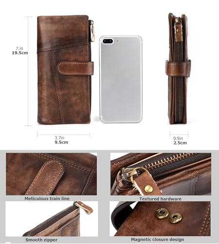 KingTo Genuine Leather Long Wallet for Women Vintage Checkbook Wallets with RFID Blocking Card Holder (Coffee color)4