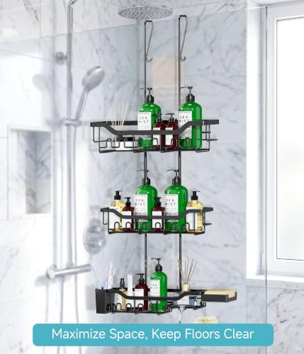 Image of Shower Caddy Hanging Over the Door, Upgraded Extended Length Shower Organizer, 3 Tier Rustproof Bathroom Rack with Hooks Soap Holder