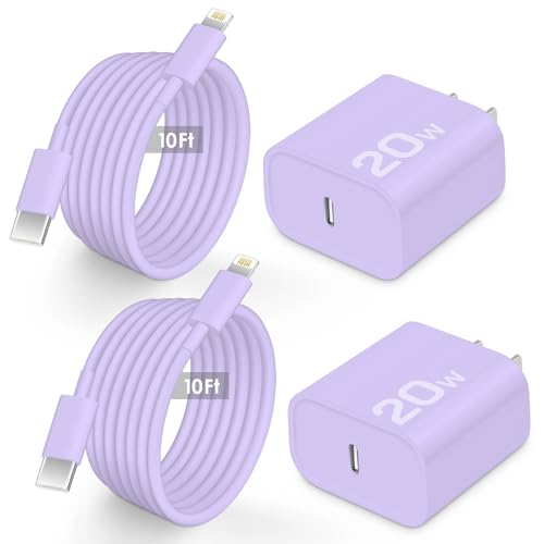 AISNI Fast Charger Block for iPhone 14 13 12 with 10 Foot Fast Charging Cable,MFi-Certified, 20W PD USB C i-Phone Charger 10 ft Compatible with iP14 Plus/14/13/12/11 Pro Max/XSMax (2-Pack Purple)