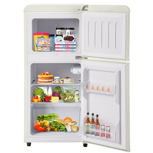 Mini congelador retro de 60 L. Refrigerador/congelador con temperatura ajustable de -27 °C a 13 °C. Clase energética C. Silencioso: 45 dB. Consumo: 102 kWh/año. Clase energética E,White