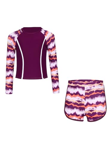 Kaerm Girls Sun Protection Swimsuit Rash Guard Swimwear Long Sleeve Athletic Bathing Suit for Surfing Rose Purple 7-8 Years