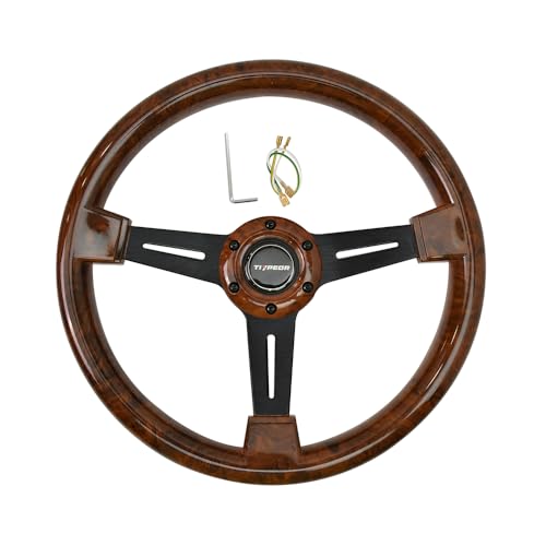 TIYPEOR 13.78 Inch-350MM Wood Racing Steering Wheel Neo Chrome Spoke Universal 6 Bolts 50mm Deep Dish Classic ABS Wood Steering Wheel with Horn, Brown