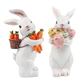 Jangostor 2 Pièces Décorations de Lapin de Pâques Statues et Figurines de Lapin de Pâques avec Carotte et Oeuf,Pièce Maîtresse de Table de Pâques Lapin en Résine pour Printemps de Fête Bureau Décor