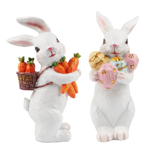 Jangostor 2 Pièces Décorations de Lapin de Pâques Statues et Figurines de Lapin de Pâques avec Carotte et Oeuf,Pièce Maîtresse de Table de Pâques Lapin en Résine pour Printemps de Fête Bureau Décor