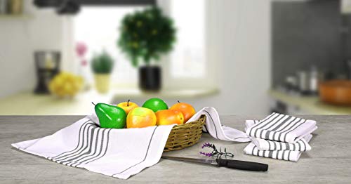 Native Fab 12 Pack Scandia Stripe Kitchen Dish Towels Cotton Absorbent Durable Washable 14X25 - Tea Towels, Dish Cloths, Restaurant Cleaning Towels, Kitchen Towels With Hanging Loop, Grey White #TOP5
