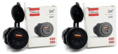 12/24V Socket Dual USB Type C PD 3.0 (60W) + USB A (36W) Fast Charger for Car, Boat, Marine & RVs (2-Pack)
