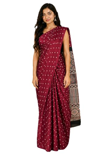 Ethnics of Kutch Bandhej [ Tie-Dye] Modal Silk Part Natural Dye Ajrakh Pallu Hand Block Print Saree With Ajrak