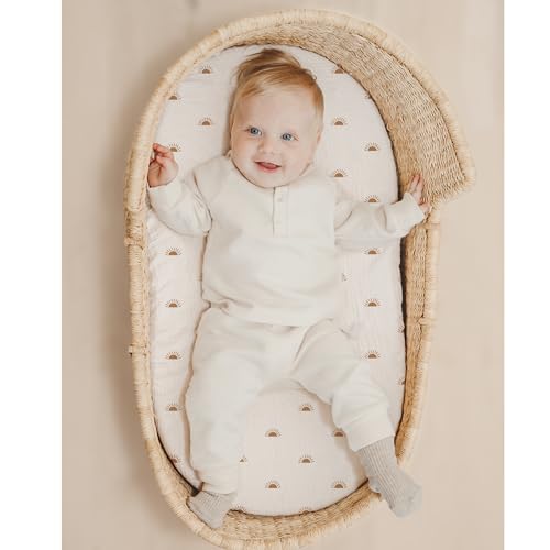 Image of Konssy Muslin Bassinet Sheets for Baby Girl Boy, 2 Pack Soft Breathable Baby Bassinet Mattress Sheets Fit for Hourglass Oval Cradle, Moses Basket Rectangle Mattress (Camel, Sun)
