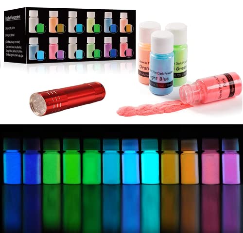 Glow in The Dark Epoxy Resin Pigment Powder, 12 Colors Luminous Pigment with UV Lamp for Slime, Nails, Epoxy Resin, Acrylic Painting, Fine Art, Crafts DIY (20g 0.7oz Each)