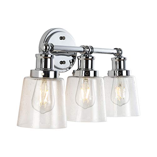 Image of JONATHAN Y 22.5 inch Chrome 3-Light LED Vanity Light, Farmhouse Wall Sconce for Bathroom Mirror, Clear Seeded Glass Shade, Rustic Iron Fixture for Kitchen Hallway, LED Bulb Included (JYL7532A)